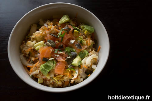 Salade « détox » au quinoa, endives, carottes, avocats et saumon fumé